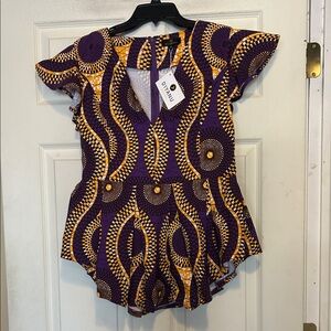 D'IYANU African print peplum top with a purple, yellow and black pattern Size XL